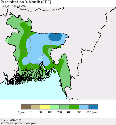 Bangladesh Precipitation 3-Month (CPC) Thematic Map For 2/26/2023 - 5/25/2023