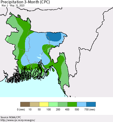 Bangladesh Precipitation 3-Month (CPC) Thematic Map For 3/1/2023 - 5/31/2023