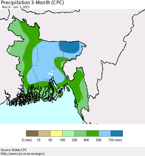 Bangladesh Precipitation 3-Month (CPC) Thematic Map For 3/6/2023 - 6/5/2023