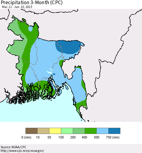 Bangladesh Precipitation 3-Month (CPC) Thematic Map For 3/11/2023 - 6/10/2023