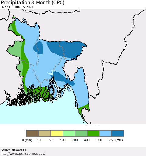 Bangladesh Precipitation 3-Month (CPC) Thematic Map For 3/16/2023 - 6/15/2023