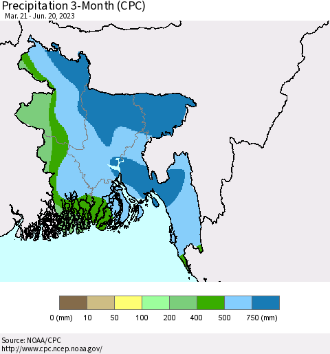 Bangladesh Precipitation 3-Month (CPC) Thematic Map For 3/21/2023 - 6/20/2023