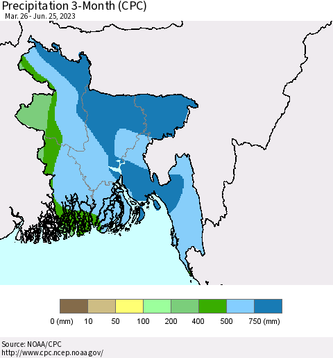 Bangladesh Precipitation 3-Month (CPC) Thematic Map For 3/26/2023 - 6/25/2023