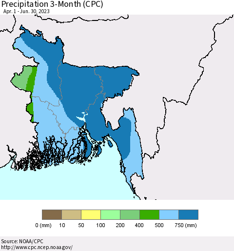 Bangladesh Precipitation 3-Month (CPC) Thematic Map For 4/1/2023 - 6/30/2023