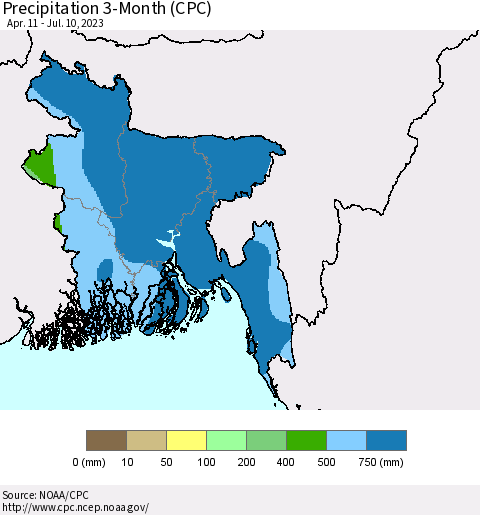 Bangladesh Precipitation 3-Month (CPC) Thematic Map For 4/11/2023 - 7/10/2023