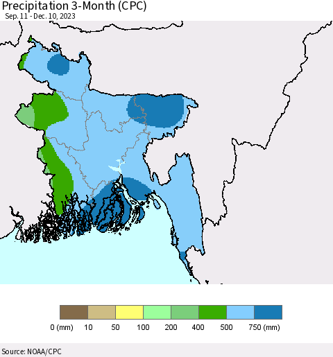 Bangladesh Precipitation 3-Month (CPC) Thematic Map For 9/11/2023 - 12/10/2023