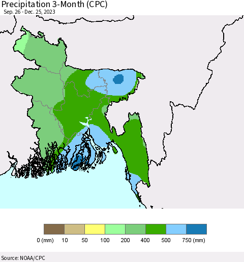 Bangladesh Precipitation 3-Month (CPC) Thematic Map For 9/26/2023 - 12/25/2023