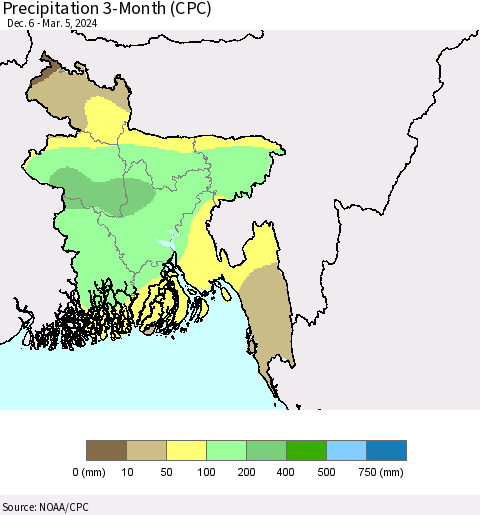 Bangladesh Precipitation 3-Month (CPC) Thematic Map For 12/6/2023 - 3/5/2024