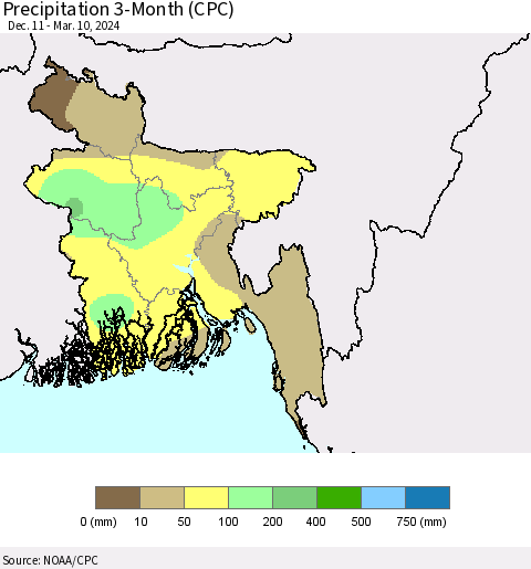 Bangladesh Precipitation 3-Month (CPC) Thematic Map For 12/11/2023 - 3/10/2024