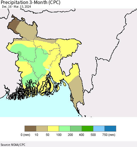 Bangladesh Precipitation 3-Month (CPC) Thematic Map For 12/16/2023 - 3/15/2024