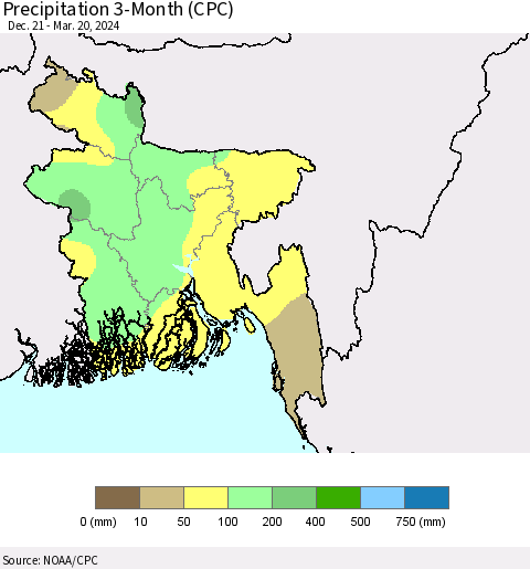 Bangladesh Precipitation 3-Month (CPC) Thematic Map For 12/21/2023 - 3/20/2024