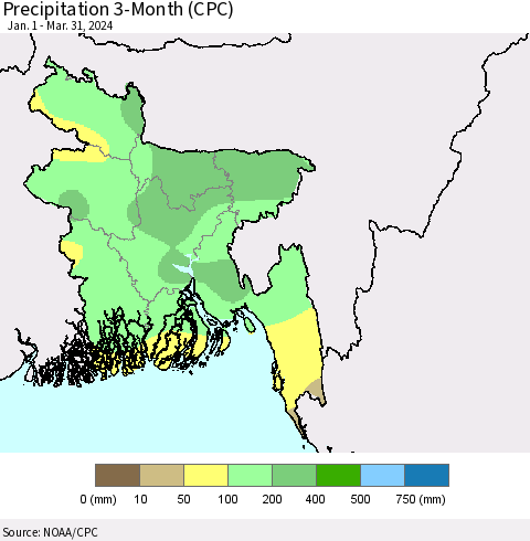 Bangladesh Precipitation 3-Month (CPC) Thematic Map For 1/1/2024 - 3/31/2024