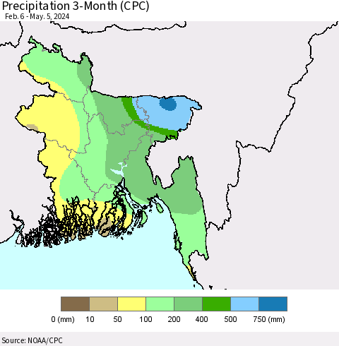 Bangladesh Precipitation 3-Month (CPC) Thematic Map For 2/6/2024 - 5/5/2024