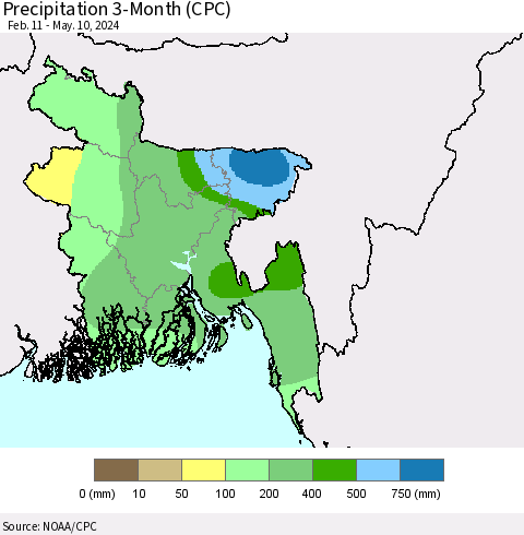 Bangladesh Precipitation 3-Month (CPC) Thematic Map For 2/11/2024 - 5/10/2024