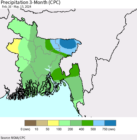 Bangladesh Precipitation 3-Month (CPC) Thematic Map For 2/16/2024 - 5/15/2024