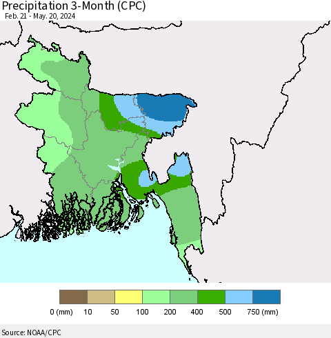 Bangladesh Precipitation 3-Month (CPC) Thematic Map For 2/21/2024 - 5/20/2024
