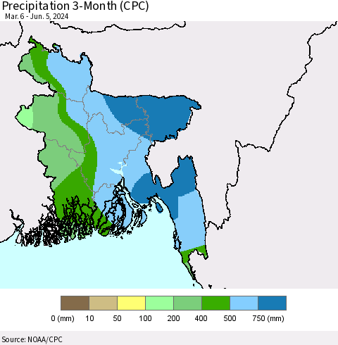 Bangladesh Precipitation 3-Month (CPC) Thematic Map For 3/6/2024 - 6/5/2024
