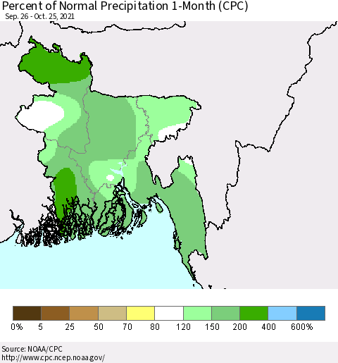 Bangladesh Percent of Normal Precipitation 1-Month (CPC) Thematic Map For 9/26/2021 - 10/25/2021