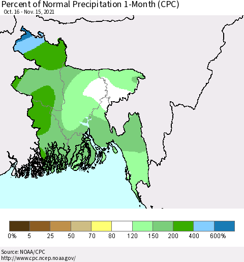 Bangladesh Percent of Normal Precipitation 1-Month (CPC) Thematic Map For 10/16/2021 - 11/15/2021