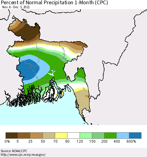 Bangladesh Percent of Normal Precipitation 1-Month (CPC) Thematic Map For 11/6/2021 - 12/5/2021