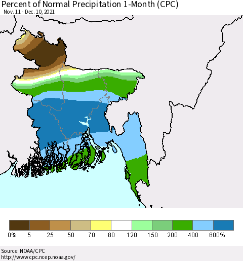 Bangladesh Percent of Normal Precipitation 1-Month (CPC) Thematic Map For 11/11/2021 - 12/10/2021