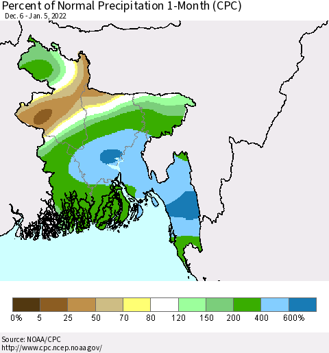 Bangladesh Percent of Normal Precipitation 1-Month (CPC) Thematic Map For 12/6/2021 - 1/5/2022