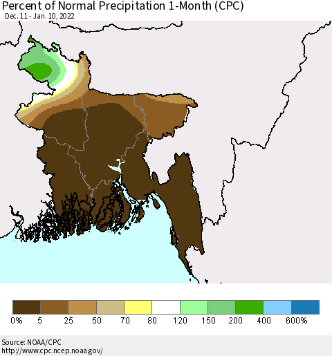 Bangladesh Percent of Normal Precipitation 1-Month (CPC) Thematic Map For 12/11/2021 - 1/10/2022