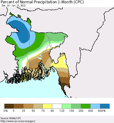 Bangladesh Percent of Normal Precipitation 1-Month (CPC) Thematic Map For 12/16/2021 - 1/15/2022