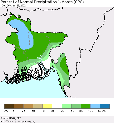 Bangladesh Percent of Normal Precipitation 1-Month (CPC) Thematic Map For 12/26/2021 - 1/25/2022