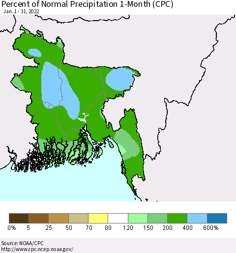 Bangladesh Percent of Normal Precipitation 1-Month (CPC) Thematic Map For 1/1/2022 - 1/31/2022