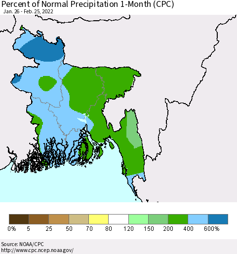 Bangladesh Percent of Normal Precipitation 1-Month (CPC) Thematic Map For 1/26/2022 - 2/25/2022