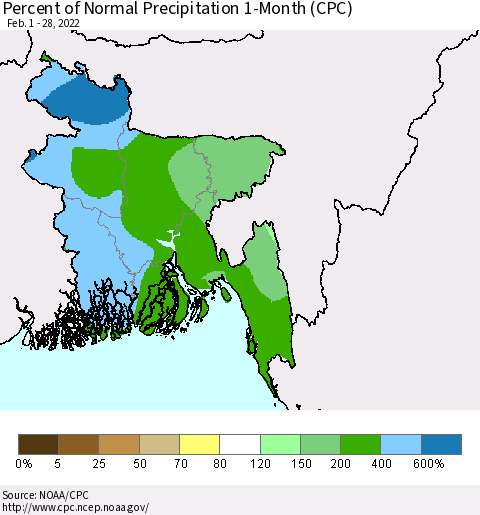 Bangladesh Percent of Normal Precipitation 1-Month (CPC) Thematic Map For 2/1/2022 - 2/28/2022