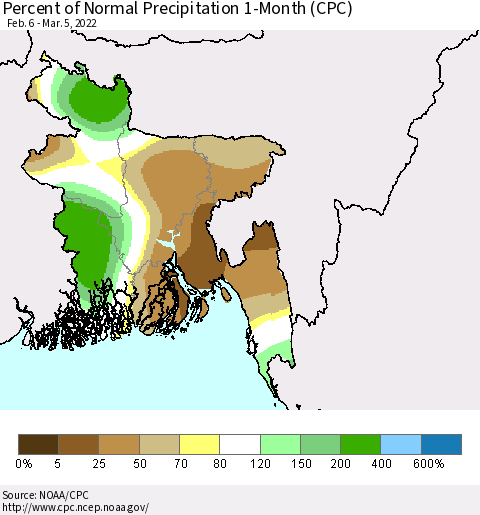Bangladesh Percent of Normal Precipitation 1-Month (CPC) Thematic Map For 2/6/2022 - 3/5/2022