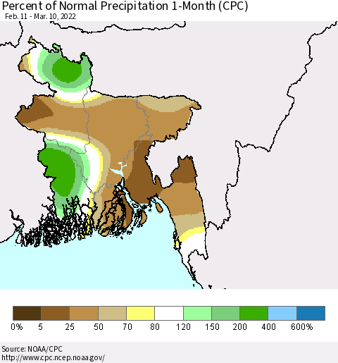 Bangladesh Percent of Normal Precipitation 1-Month (CPC) Thematic Map For 2/11/2022 - 3/10/2022