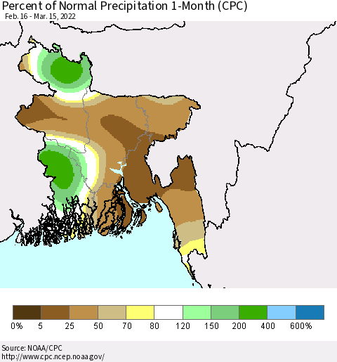 Bangladesh Percent of Normal Precipitation 1-Month (CPC) Thematic Map For 2/16/2022 - 3/15/2022