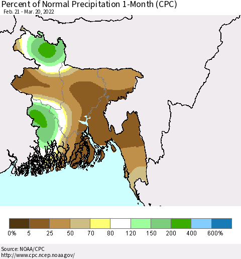 Bangladesh Percent of Normal Precipitation 1-Month (CPC) Thematic Map For 2/21/2022 - 3/20/2022