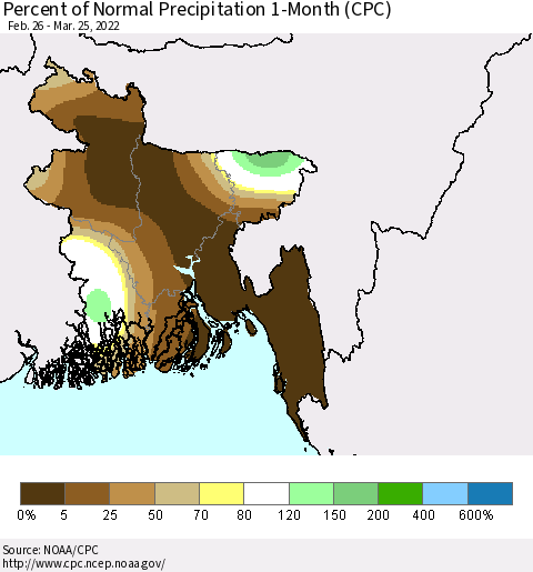 Bangladesh Percent of Normal Precipitation 1-Month (CPC) Thematic Map For 2/26/2022 - 3/25/2022