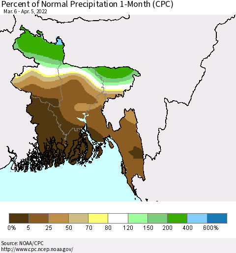 Bangladesh Percent of Normal Precipitation 1-Month (CPC) Thematic Map For 3/6/2022 - 4/5/2022