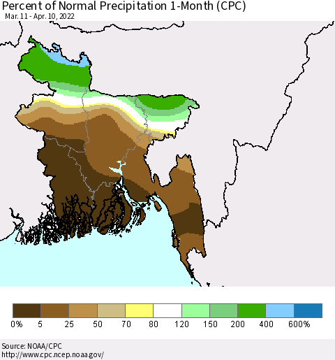 Bangladesh Percent of Normal Precipitation 1-Month (CPC) Thematic Map For 3/11/2022 - 4/10/2022