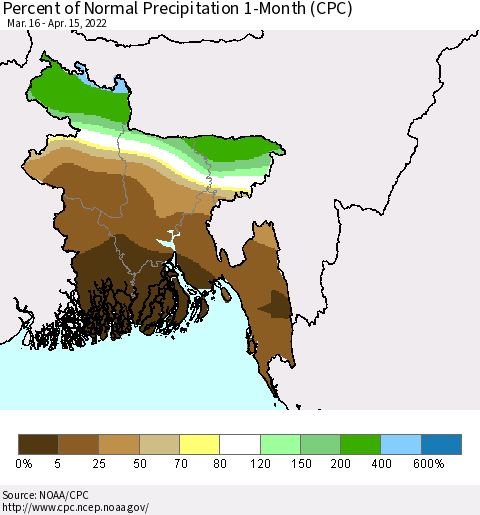 Bangladesh Percent of Normal Precipitation 1-Month (CPC) Thematic Map For 3/16/2022 - 4/15/2022