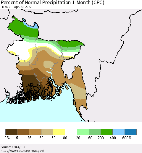 Bangladesh Percent of Normal Precipitation 1-Month (CPC) Thematic Map For 3/21/2022 - 4/20/2022