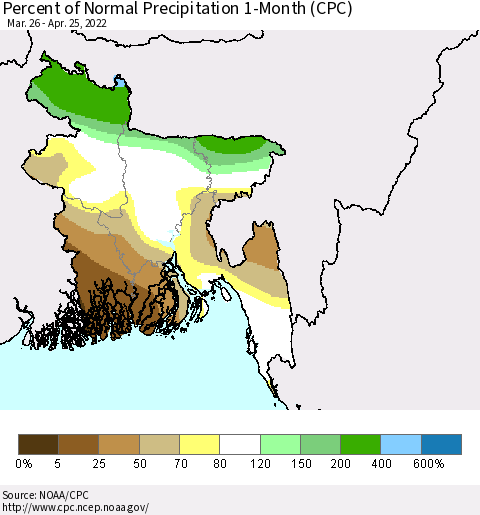 Bangladesh Percent of Normal Precipitation 1-Month (CPC) Thematic Map For 3/26/2022 - 4/25/2022