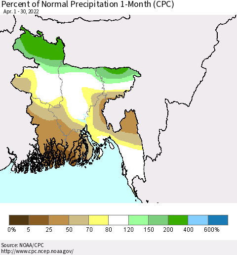 Bangladesh Percent of Normal Precipitation 1-Month (CPC) Thematic Map For 4/1/2022 - 4/30/2022