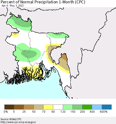 Bangladesh Percent of Normal Precipitation 1-Month (CPC) Thematic Map For 4/6/2022 - 5/5/2022