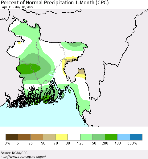 Bangladesh Percent of Normal Precipitation 1-Month (CPC) Thematic Map For 4/11/2022 - 5/10/2022
