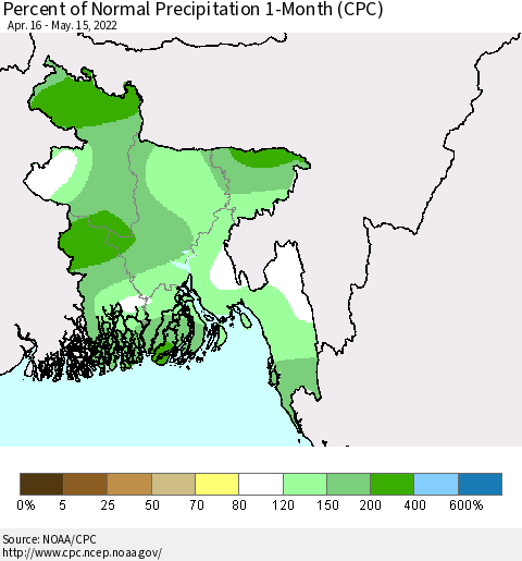 Bangladesh Percent of Normal Precipitation 1-Month (CPC) Thematic Map For 4/16/2022 - 5/15/2022
