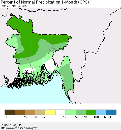 Bangladesh Percent of Normal Precipitation 1-Month (CPC) Thematic Map For 4/21/2022 - 5/20/2022