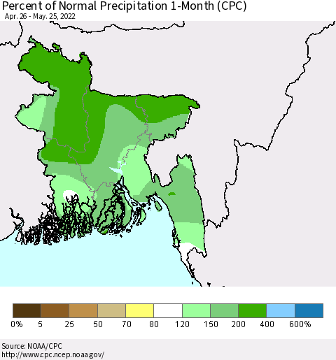 Bangladesh Percent of Normal Precipitation 1-Month (CPC) Thematic Map For 4/26/2022 - 5/25/2022