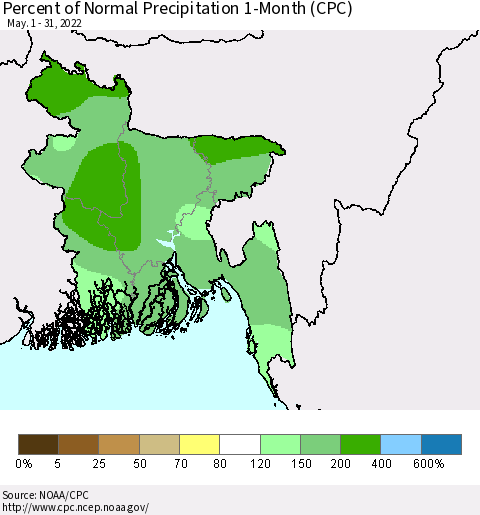 Bangladesh Percent of Normal Precipitation 1-Month (CPC) Thematic Map For 5/1/2022 - 5/31/2022