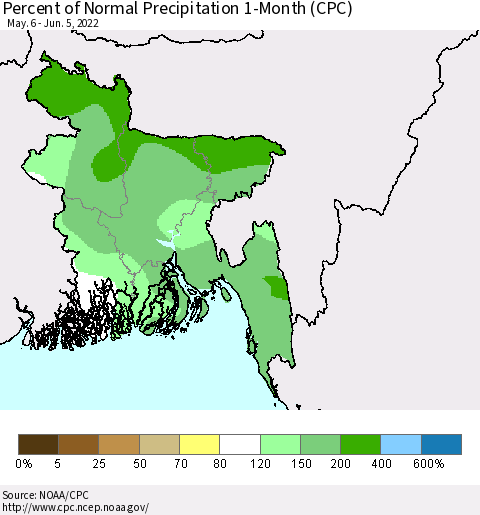 Bangladesh Percent of Normal Precipitation 1-Month (CPC) Thematic Map For 5/6/2022 - 6/5/2022